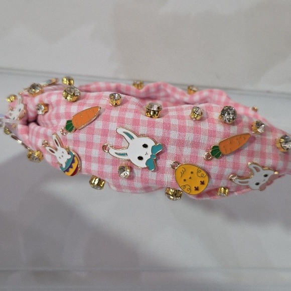 🐇🔹️Piper K 🔹️Pink Gingham  Bunny Carrots  Accent Easter Egg Headband - Picture 4 of 7